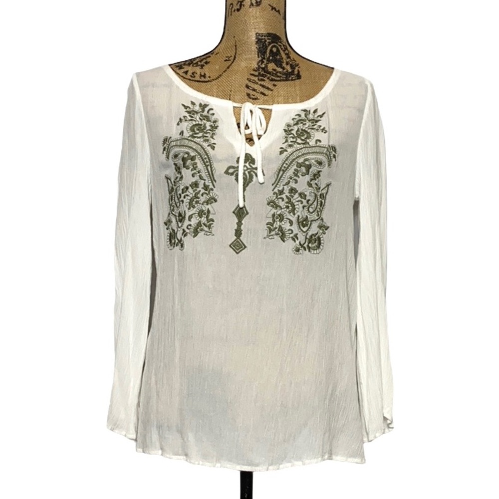 White Boho Floral Long Sleeve Blouse M